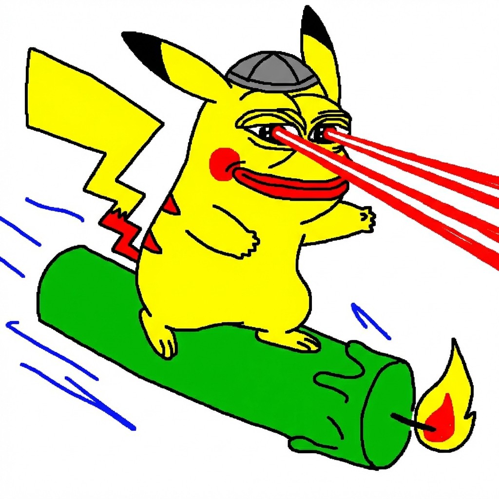 Kipachu with laser eyes riding rocket